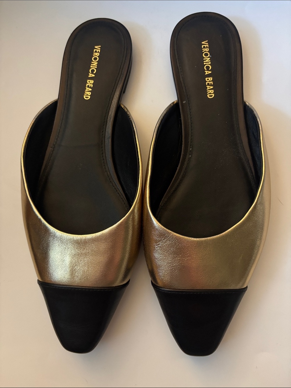 Veronica Beard Metallic Gold and Black Pointed Leather Mules - Picture 3 of 9